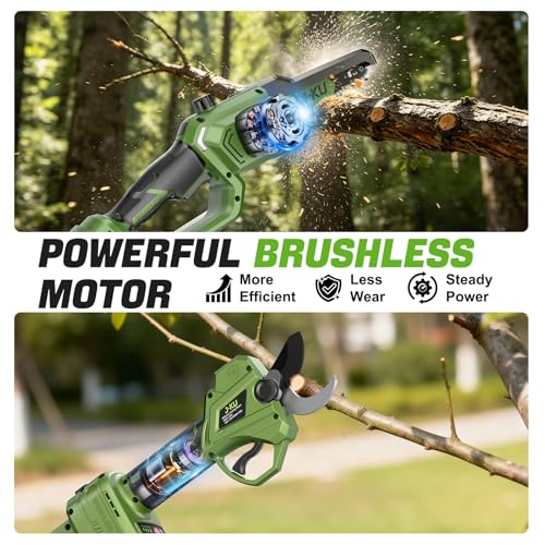 J-KU 4-in-1 Electric Pole Saw & Pruning Shears Combo, 8" & 6" Mini Chainsaw - color: Olive Green