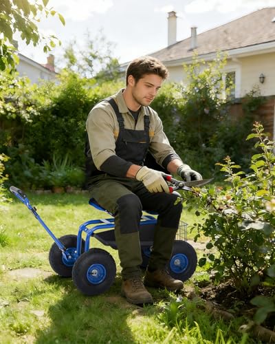 Heavy Duty Rolling Garden Work Seat – 360° Swivel Adjustable Height Stool, 10" All-Terrain Wheels, Extendable Handle, Tool Tray & Basket, 400 lbs Capacity – Blue - color: Blue, size: Without Backrest