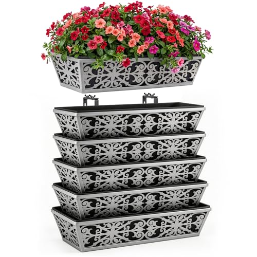6 Pack 24 Inch Window Boxes Planter for Outdoor Plants Deck Railing Planters Box with Adjustable Brackets for Porch Fence Balcony Hanging Flower Baskets with Non-Woven Fabric Liner for Garden Decor - size: 24 Inch - 6 Pack