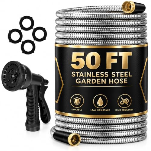 Metal Garden Hose 50 ft, Stainless Steel Metal Hose Solid Fittings,No-Kink, Metal Garden Hoses,Anti-Rust Heavy Duty 50 Foot Water Hose for Outdoor, Yard, Lawn, RV, Car Wash - size: 50FT