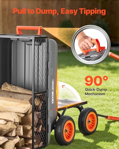 VEVOR 800LBS 7 CU.FT Poly Garden Cart Dump Wagon, Heavy Duty 4 Wheel Wheelbarrow with 10" Flat Free Tires, Yard Cart Dump Wagon with Removable Raised Sides and Quick-Release System - color: Grey01