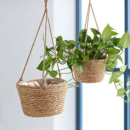 Hanging Planters for Indoor Plants, Hanging Planter with Jute Rope Woven Hanging Flower Pots Hanging Plant Holder Hanging Basket Retro Style Straw Basket for Office Party (1 Pack)
