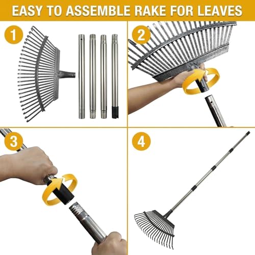 Metal Bow Leaf Rake with 25 Steel Teeth & 68" Stainless Steel Handle - size: 68-IN