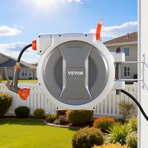 VEVOR Retractable Garden Hose Reel, 1/2 in x 100 ft, Wall Mounted Hose Reel with 9-Function Sprayer Nozzle and 180° Swivel Bracket, Any Length Lock, Automatic Slow Rewind System, for Garden Watering - size: 1/2 in x 100 ft