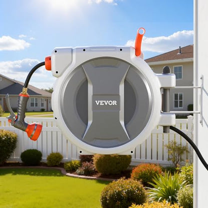 VEVOR Retractable Garden Hose Reel, 1/2 in x 100 ft, Wall Mounted Hose Reel with 9-Function Sprayer Nozzle and 180° Swivel Bracket, Any Length Lock, Automatic Slow Rewind System, for Garden Watering - size: 1/2 in x 100 ft