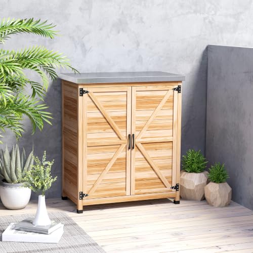 Outsunny Outdoor Storage Cabinet with Metal Tabletop Shelves Natural Wood - color: Natural Wood