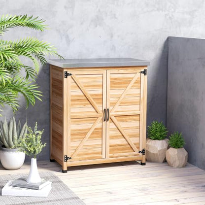 Outsunny Outdoor Storage Cabinet with Metal Tabletop Shelves Natural Wood - color: Natural Wood