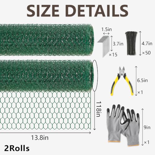 2Roll 13.8x118in Plant Protectors from Animals, Metal Mesh Plant Cages for Outdoor Plants Chicken Wire Cloche Wire Mesh for Garden Fence Kit with Ground Stakes & Nylon Tie,Gloves,Plier(Green) - color: Green