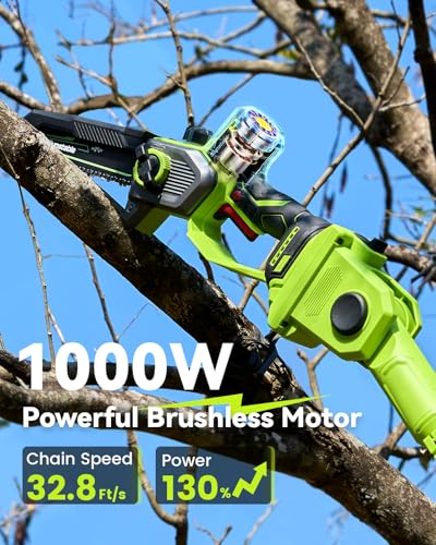 10 Inch Electric Pole Saws for Tree Trimming, 1000W Brushless Pole Saw and Mini Chainsaw 2 in 1, 2*4000mAh Battery, Lightweight Tree Saw with Extension Pole, 16Ft Max Reach Tree Trimmer Branch Cutter - color: Emerald Green