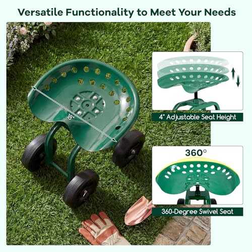 IRONMAX Garden Cart with Adjustable Seat & 4 Flexible Wheels，Green - color: Green