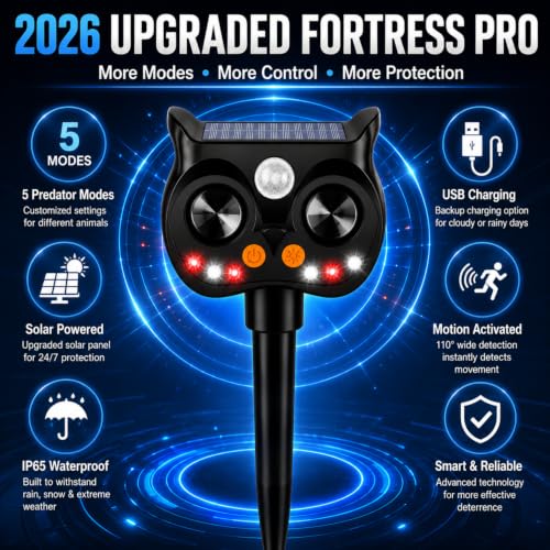 New Solar Animal Repellent Ultrasonic Outdoor for Deer Cat Skunk Squirrel Racoon Fortress Pro Animal Repeller Deterrent Devices with LED Strobe,Motion Sensor,Adjustable Volume and Modes for Yard,4 Pcs