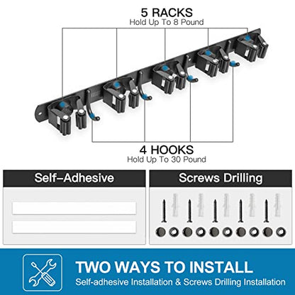 IMILLET 2 Pack Broom Holder Wall Mount, Heavy Duty Garage Organization - color: 5 Racks with 4 Hooks, size: 2 Pack