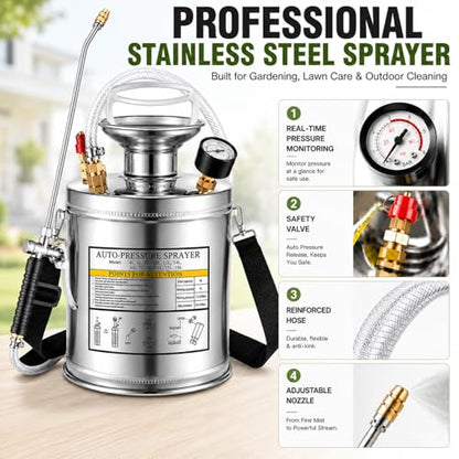 1Gal Stainless Steel Pump Up Sprayer Reinforced Hose, Hand Pump Sprayer with Pressure Gauge&Safety Valve, Adjustable Nozzle Suitable for Gardening (1 Gallon) - style: 1 Gal