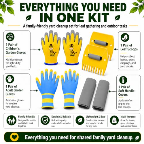 Leaf Scoops Hand Rakes, Leaf Claws & Leaf Grabbers for Yard Work with Adult & Kids Garden Gloves, Soft Handle Covers, Family Yard Cleanup Kit for Leaves and Grass Clippings - style: Family Version