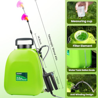 Battery Powered Backpack Sprayer 3.2Gallon, Electric Sprayer with 3-Adjustable Sprayings, Battery Indicator, 5 Nozzles, 41" Retractable Wand, Rechargeable Garden Sprayer for Weed, Lawn&Yard - size: 3.2 Gallon