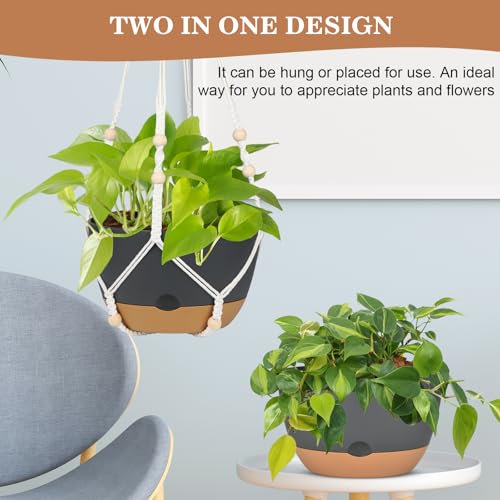 3 Pack Hanging Planters Set, 10inch Self-Watering Hanging Plant Pot, Macrame Plant Hanger with Pot, Chains, S & Ceiling Hooks, Removable Saucer and Drainage Holes for Indoor, Outdoor Plants - Black - color: Black