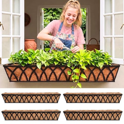 LaLaGreen Wall Planters (4 Pack, 48") Rectangular Black Metal Hanging Window Planter Box with Coco Liner, Flower Basket Plant Holder Attach House Outdoor Deck Railing Garden Patio Porch Balcony Fence - size: 48" (122cm) x 4 pack
