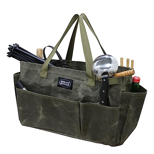 Portable Garden Camping Tool Storage Bag,Waxed Canvas Firewood Carrier Tote bag,Collapsible Sturdy Garden Basket Great for Women, Gardener, Electrician, Repairer(Army Green) - color: Army Green