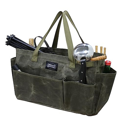 Portable Garden Camping Tool Storage Bag,Waxed Canvas Firewood Carrier Tote bag,Collapsible Sturdy Garden Basket Great for Women, Gardener, Electrician, Repairer(Army Green) - color: Army Green