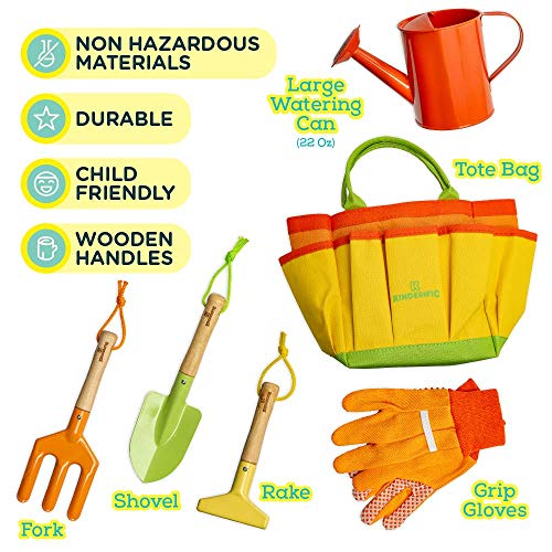 Kinderific Gardening Set, Tool Kit, for Kids, STEM, Includes Tote Bag, Spade, Watering Can, Rake, Fork, Trowel and Gloves (Sunshine) - color: Sunshine