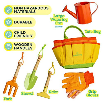 Kinderific Gardening Set, Tool Kit, for Kids, STEM, Includes Tote Bag, Spade, Watering Can, Rake, Fork, Trowel and Gloves (Sunshine) - color: Sunshine
