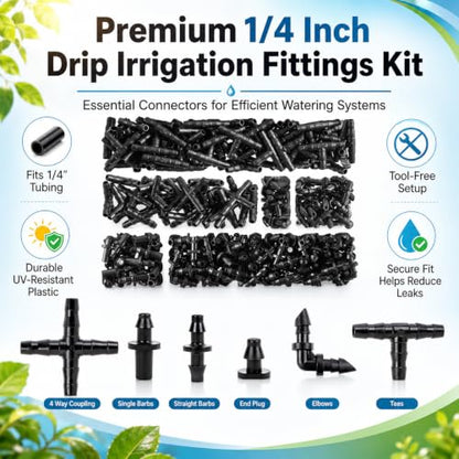 RAINFLOW Drip Irrigation Fittings Kit 1/4 Inch – Barbed Connectors, Tees, Elbows, End Plugs and Couplings, Tool-Free Drip Irrigation Parts for Garden, Greenhouse and Lawn Watering Systems
