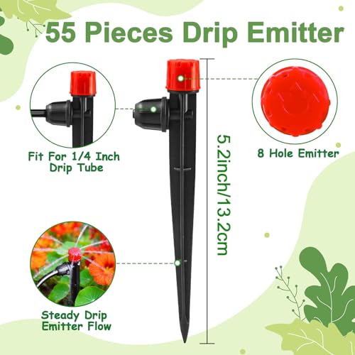 55 Pieces Drip Irrigation Emitters for 1/4" Tubing, Adjustable 360 Degree Water Flow Irrigation Multi Stream Spray Emitter On 5" Stake for Garden Watering System - color: Red Lock Emitter-55P