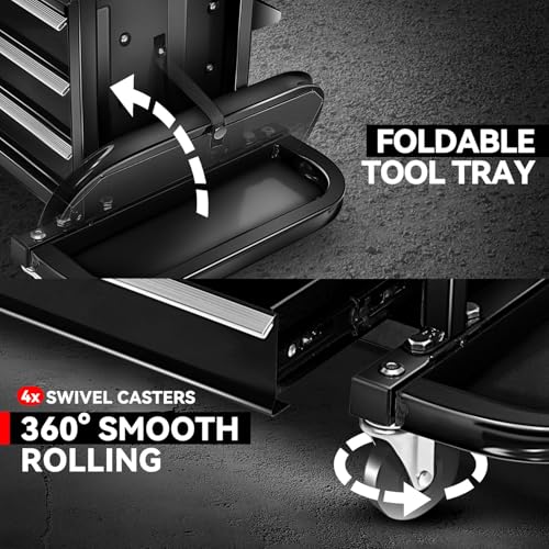 Auto Dynasty Mechanic Rolling Seat, 3-Drawer w/Tool Tray, 350LBS, Black - color: Black