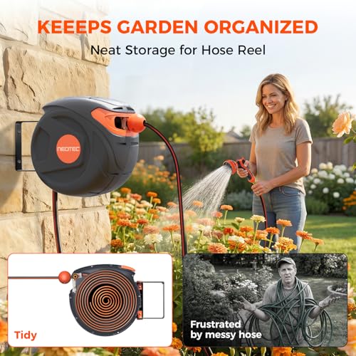 Wall-Mounted Retractable Hose Reel 1/2 Inch 50 Ft, Any Length Lock & 9 Pattern Nozzle, Automatic Slow Return, 180° Swivel, UV Resistant Heavy Duty Garden Hose Reel - size: 1/2 inch50ft