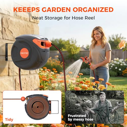 Wall-Mounted Retractable Hose Reel 1/2 Inch 50 Ft, Any Length Lock & 9 Pattern Nozzle, Automatic Slow Return, 180° Swivel, UV Resistant Heavy Duty Garden Hose Reel - size: 1/2 inch50ft