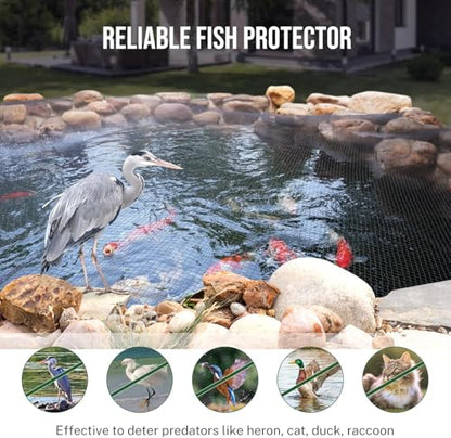 20 x 20Ft Pond Netting for Koi Ponds, Koi Pond Net Cover, Durable & Sturdy Pond Netting Cover for Leaves, Protect Koi Fish Against Herons, Raccoons, Cats & Predators, 14pcs Stakes Included - size: 20 × 20 ft