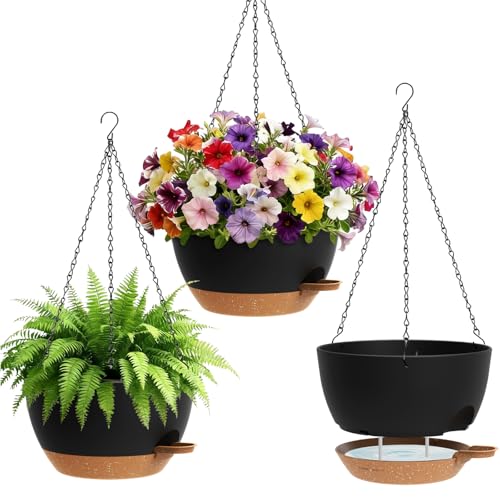 UOUZ Set of 3-10 Inch Self Watering Hanging Planters for Indoor Outdoor，Hanging Plant Pots with Drainage & Removable Tray, Hanging Pots Holder for Ivy, Pothos, Ferns, Balcony & Patio, Black with Brown - color: Black With Brown, size: 10inch-3pack