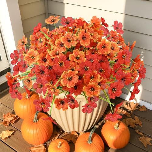 6 Bundles Artificial Mums for Outdoors Decor, UV Resistant Fall Flowers - color: Orange Mix Color, size: 6 PCS