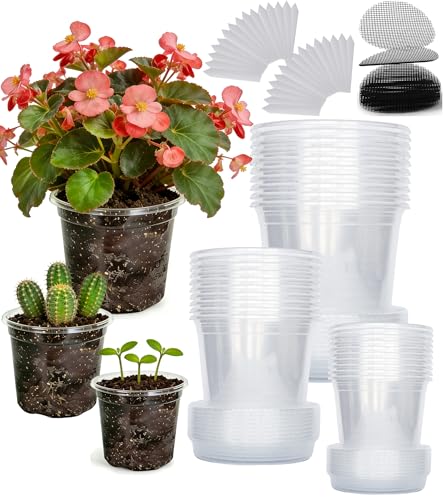 30-Pack Clear Nursery Pots with Saucers (3.5/4/5 Inch) – Transparent Plastic Plant Pots with Drainage Holes and 30 Labels, Assorted Sizes for Seed Starting, Succulents, Indoor and Outdoor Use - color: Pots+ Saucers, size: 3.5/4/5"-30 sets