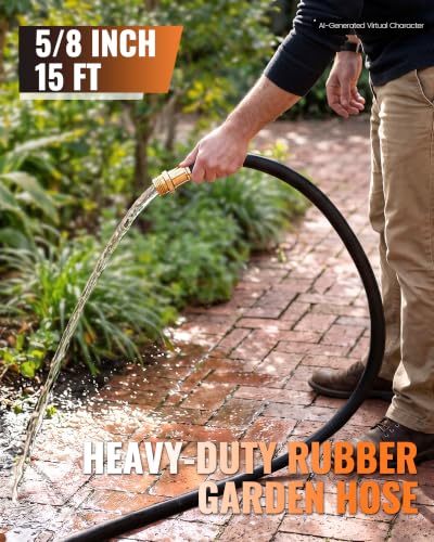 15FT x 5/8" Rubber Garden Hose, Heavy Duty 15 Foot Water Hose - color: Black, size: 15FT 5/8