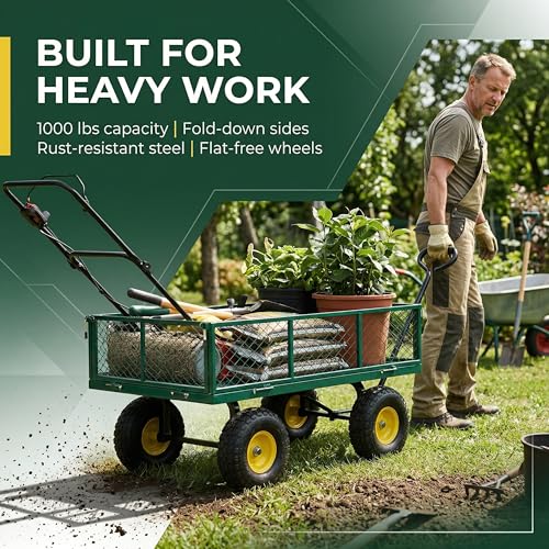 Finnhomy Heavy Duty 1000 Lbs Capacity Mesh Steel Garden Cart, Pullable Garden Wagons Carts on Wheels, Folding Utility Wagon with Removable Sides for Outdoor, Yard, Lawn, Green - color: Green
