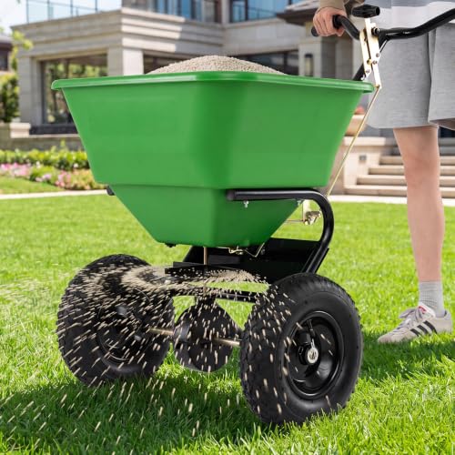 66LBS Walk-Behind Broadcast Spreader with 13" All-Terrain Pneumatic Tires, 6.5FT Spreading Width & Adjustable Flow Control, Push Fertilizer Spreader for Grass Seed, Salt & Ice Melt (Green) - color: Green
