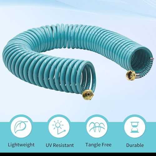 AUTOMAN Coil Garden Hose 50 ft, EVA Curly Water Hose with Brass Connectors, Recoil Garden Water Hose,Includes 7-Pattern Function Sprayer,Retractable,Corrosion Resistant Garden Coil Hose. - color: Turquoise, size: 50ft