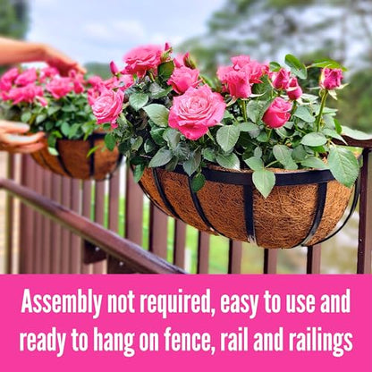 LaLaGreen Deck Railing Planter Boxes (16 Inch, 2 Pack) Black Metal Rectangular Hanging Planters with Coco Liner, Adjustable Flower Planter Box Brackets for Plants Fence Balcony Patio Porch Over Rail - size: 16" (41cm) x 2 pack