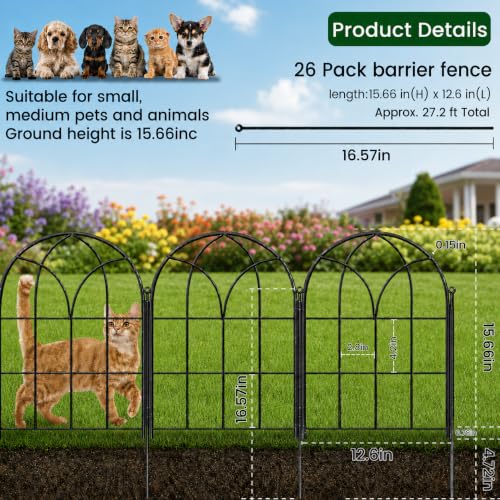 Decorative Garden Fence, 27.2 ft Rustproof No Dig Flower Bed Border 26 Pack - size: 26M-Arched Panels-27.2ft(L)x15.66" Arch H