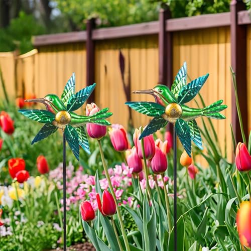 2 Pack Solar Wind Spinners, Hummingbird Metal Garden Stake Outdoor Decor - size: 2.5 ft