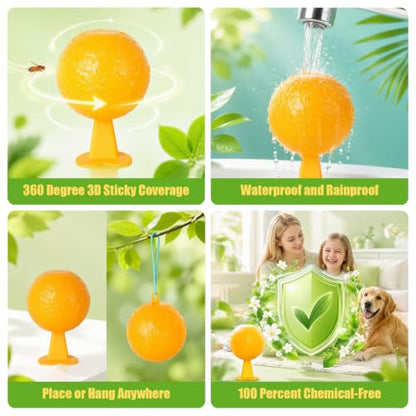 Sticky Fruit Fly Traps Indoor Outdoor, 6pc Yellow Hanging Ball Bug Catcher - color: Yellow with base