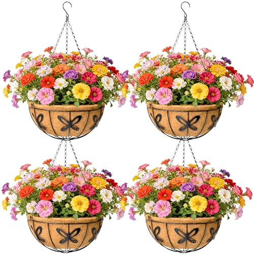 EIMQUVW Outdoor Metal Hanging Planters Basket (4pack, 14 inch) Hanging Baskets for Plants Chain Round Wire Plant Holder with Coco Fiber Liners for Garden, Patio, Deck, Porch(Butterfly)