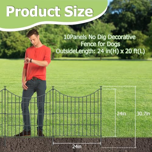10 Panels No Dig Metal Garden Fence 24"H x 20' L Dog Fence Outdoor for Yard - size: 10pc 20 ft(L) X 24 in(H)-Concave