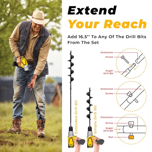Auger Drill Bit for Planting 2x32'' - with Extension -3/8'' Hex Drive Drill - size: 2" x 32"