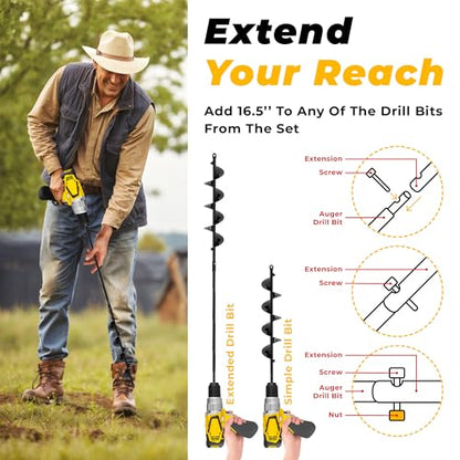 Auger Drill Bit for Planting 3 Pack with Extension - 3/8'' Hex Drive Drill - size: 1.6" x 12" + 3" x 12" + 2.6" x 15"