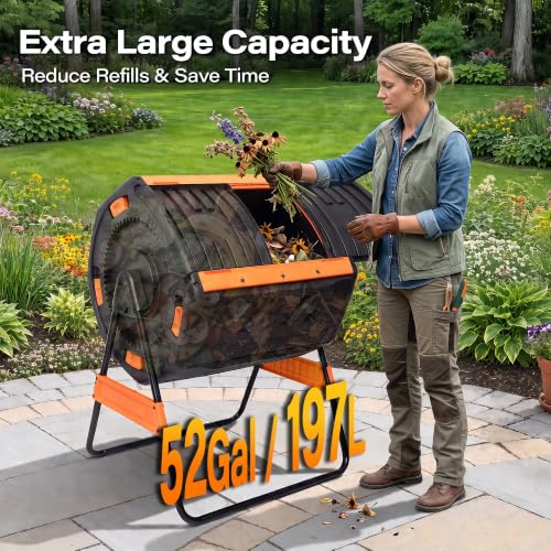 LAUSAINT HOME Dual Chamber Compost Tumbler, 52 Gallon Outdoor Rotating Composter with Sliding Doors for Garden Waste, Kitchen Scraps & Yard Debris, Black and Orange - size: 52 gallon