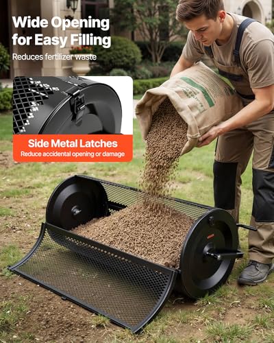 VEVOR Compost Spreader, 44" Wide Peat Moss Spreader with Push/Tow Handle, 4 Heights Adjustable, Powder-Coated Steel Garden Peat Moss Roller, Heavy Duty Grass Seed R - style: 44in