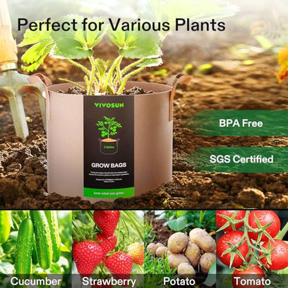 VIVOSUN 5-Pack 3 Gallon Plant Grow Bags Fabric Pots with Handles - color: Tan, size: 3 Gallons