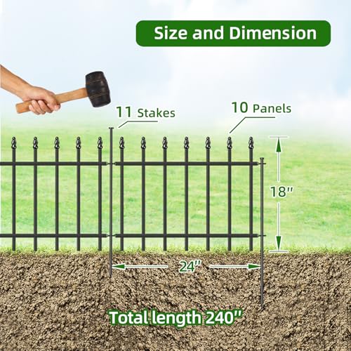 Decorative Metal Garden Fence 18" x 20', Small Fence Border with Stakes - size: 18″H x 20ft（10 Panels）